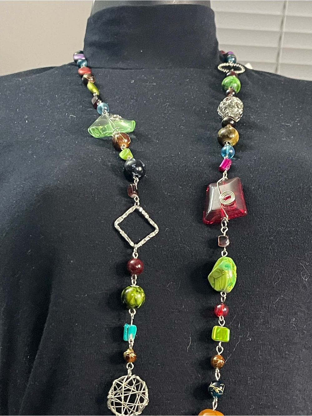 Handmade Multicolor Glass Bead Long Necklace 34” with extender